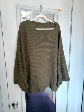 Olive Green Ribbed Oversized Women's Kimono Sleeve Slouchy Sweater Shirt Plus 0X